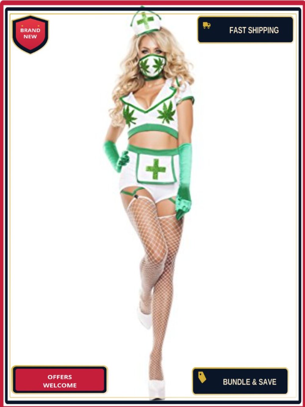 Starline Nurse High Costume Top Shorts Garters Headpiece for Halloween